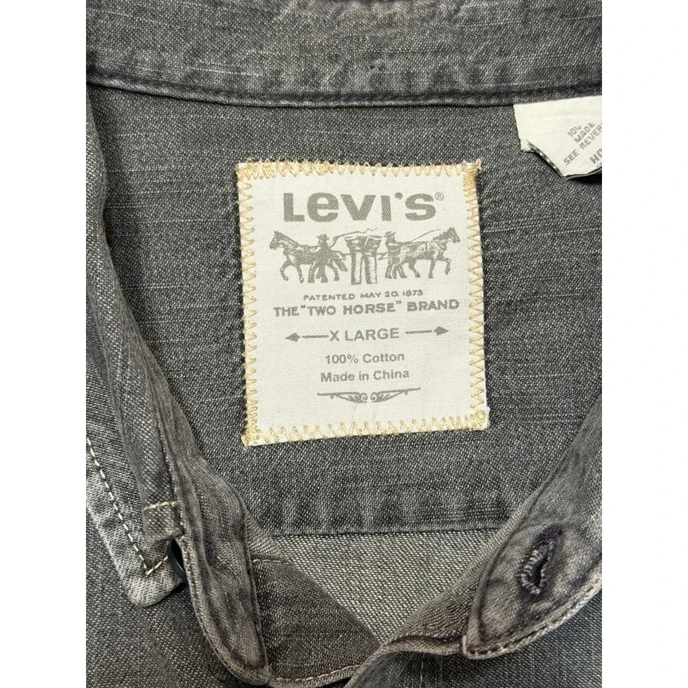 Levis Mens Faded Gray Denim Button Down Shirt Long Sleeve Workwear Sz XL